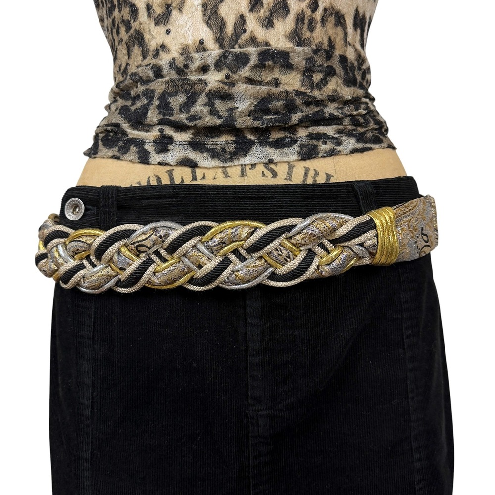 90s Metallic Paisley Braided Belt Brocade Avant Garde Unique Silver Gold OS